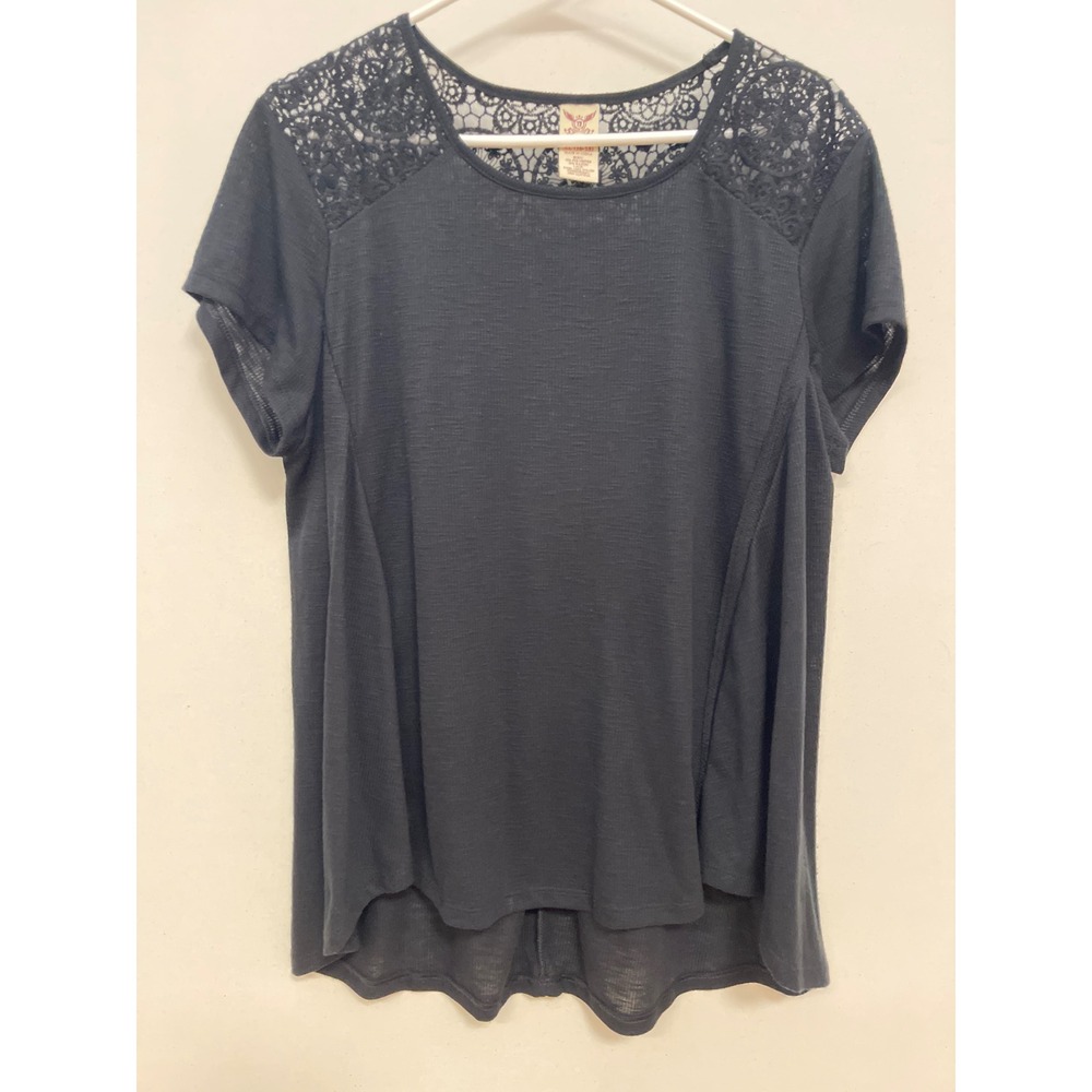 Faded Glory Womens XL 16-18 Black Lace Yoke Slub Knit High Low Top Short Sleeve